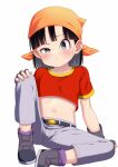  :&lt; arm_support atg_(wttoo0202) bandana bangs belt black_belt black_gloves black_hair blunt_bangs blush collarbone commentary dot_nose dragon_ball dragon_ball_gt eyelashes female_child fingerless_gloves flat_chest gloves grey_eyes grey_footwear grey_pants hand_on_own_knee highres looking_at_viewer navel on_ground orange_bandana pan_(dragon_ball) pants red_shirt shirt short_hair short_sleeves sitting stomach white_background 