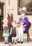  2boys 3girls aether_(genshin_impact) aged_up blonde_hair bouquet bracelet brown_hair clock flower genshin_impact grandfather_clock green_eyes hat highres holding holding_bouquet holding_hands jewelry lisa_(genshin_impact) loafers looking_at_viewer mary_janes multiple_boys multiple_girls necklace painting_(object) photo_(medium) ponytail shoes sitting sleeveless sleeveless_jacket smile thighhighs twitter_username yellow_eyes yuushiba 