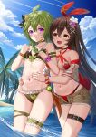  2girls absurdres ahoge amber_(genshin_impact) arm_strap ass_visible_through_thighs bangs bikini bikini_under_clothes blue_sky blush bow_hairband breasts bridal_garter brown_eyes brown_hair choker cleavage cloud collei_(genshin_impact) contrail criss-cross_halter crossed_bangs dutch_angle flower frilled_bikini frills genshin_impact green_hair groin hair_flower hair_ornament hairband halterneck hand_up hands_on_another&#039;s_stomach hands_up highres legs_together long_hair looking_at_another looking_at_viewer medium_breasts medium_hair multiple_girls navel off_shoulder open_fly open_mouth outdoors purple_eyes short_shorts shorts sidelocks sky skym_(kumei) stomach straight_hair swimsuit thigh_strap vision_(genshin_impact) wading water 