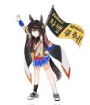 1girl 414_(hncx3355) ahoge animal_ears arm_up armband asymmetrical_legwear black_hairband black_socks blue_eyes brown_hair cape clasp commentary_request ear_ornament flag gloves grace_(kor)_(racehorse) hair_ribbon hairband hand_on_hip highres holding holding_flag horse_ears horse_girl horse_tail korean_commentary korean_text long_hair long_sleeves looking_at_viewer meme miniskirt mismatched_legwear necktie original personification protest red_necktie red_ribbon ribbon satire sidelocks skirt smug socks solo star_ornament striped striped_ribbon stuffed_animal stuffed_toy tail teddy_bear translation_request tress_ribbon two-tone_ribbon umamusume white_cape white_gloves white_ribbon white_socks 