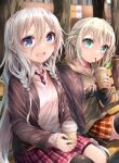  2girls absurdres blonde_hair blue_eyes braid cevio coffee_cup cup disposable_cup hair_flaps highres ia_(vocaloid) long_hair looking_at_viewer multiple_girls one_(cevio) open_mouth pink_hair sharm_(sharm0819) short_hair skirt smile solo twin_braids very_long_hair vocaloid 