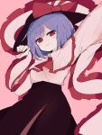  1girl 76gpo black_headwear black_skirt blue_hair blush capelet closed_mouth hagoromo hat hat_ribbon highres long_sleeves nagae_iku one-hour_drawing_challenge red_eyes red_ribbon ribbon shawl shirt short_hair skirt solo touhou white_capelet white_shirt 