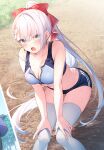  1girl :o bare_arms blue_eyes breasts crop_top earrings frown jewelry large_breasts long_hair lyseria_christaria midriff official_art ponytail seiken_gakuin_no_maken_tsukai solo sports_bra unzipped very_long_hair wet white_hair zipper 