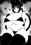  1girl absurdres animal_ears bangs bikini blunt_bangs braid breasts cat_ears cat_tail curvy greyscale haseru_(ginku_mh) heart highres huge_breasts kaenbyou_rin looking_at_viewer monochrome multiple_tails pointy_ears solo swimsuit tail thick_thighs thighhighs thighs touhou twin_braids 