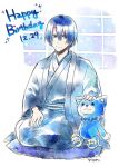  1boy blue_eyes blue_hair blue_theme dated full_body happy_birthday hijirikawa_masato male_focus robe seiza sitting solo stuffed_fox uta_no_prince-sama yuupon 