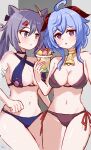  2girls :o absurdres ahoge artist_name bangs bare_shoulders bell bikini blue_hair blush breasts chinese_commentary cleavage closed_mouth cone_hair_bun criss-cross_halter cup diamond-shaped_pupils diamond_(shape) drink drinking drinking_straw ganyu_(genshin_impact) genshin_impact goat_horns hair_bun hair_ornament hais halterneck highres holding holding_cup horns keqing_(genshin_impact) long_hair looking_at_another looking_at_viewer medium_breasts multiple_girls navel neck_bell open_mouth purple_eyes purple_hair side-tie_bikini_bottom standing stomach swimsuit symbol-shaped_pupils 