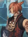 1boy animal_ears arm_tattoo arms_at_sides bangs building cat_ears collar facial_mark final_fantasy final_fantasy_xiv from_side g&#039;raha_tia hatching_(texture) highres jacket looking_ahead low_ponytail maekakekamen male_focus miqo&#039;te neck_tattoo red_eyes red_hair red_jacket short_hair short_ponytail sleeveless sleeveless_jacket smile solo tattoo upper_body vambraces white_collar 