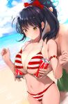  1boy 1girl :o armlet beach behind_another bikini black_hair bow breast_squeeze breasts can cleavage cloud coca-cola day dot_nose hair_bow hands_up hetero highres large_breasts looking_down navel ocean original outdoors parted_lips ponytail red_bikini red_bow sky solo_focus stomach striped striped_bikini swimsuit yaegashi_nan yellow_eyes 