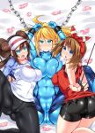  3girls bdsm blonde_hair blue_eyes blush bondage bound breasts brown_hair clenched_teeth commentary_request condom cuffs hat hisui_(stapspats) large_breasts long_hair looking_at_viewer may_(pokemon) metroid multiple_girls on_bed pokemon ponytail pussy_juice rosa_(pokemon) samus_aran shorts teeth used_condom zero_suit 