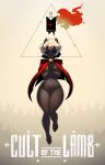  absurd_res anthro bell bell_collar bovid breasts cape cape_only caprine chest_tuft clothing cloven_hooves collar crown cult_of_the_lamb elbow_tuft english_text eyes_closed featureless_breasts featureless_crotch female gp_(artist) hair hi_res hooves horn lamb_(cult_of_the_lamb) mammal mostly_nude navel praying red_crown_(cult_of_the_lamb) sheep short_hair smile solo text tuft white_hair 