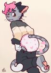  &lt;3 anthro blush clothed clothing diaper domestic_cat dressing ear_piercing embarrassed felid feline felis female fen(spacefluuuf) hair hi_res long_tail looking_back mammal nonbinary_(lore) pawpads piercing pink_hair solo spacefluuff sweater tight_clothing topwear 