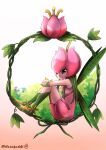  1girl artist_name boots digimon digimon_(creature) digimon_adventure dress flower from_side gradient gradient_background green_footwear green_hair highres knee_boots knees_up lillymon long_hair nail_polish pink_dress pink_flower pink_nails plant sitting smile solo tree vines watagashikn wings 