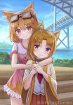 2girls absurdres animal_ear_fluff animal_ears arcana_heart bangs bridge brown_hair cat_ears closed_mouth cocoa_(rabi_ribi) collarbone commentary_request crossover day dog_ears dress frilled_dress frilled_sleeves frills goggles goggles_on_head hair_between_eyes highres hug hug_from_behind inuwaka_nazuna iroha_(iroha_matsurika) long_hair long_sleeves multiple_girls open_clothes outdoors parted_bangs pink_dress pleated_skirt purple_eyes rabi-ribi red_eyes red_skirt shirt short_sleeves skirt smile twitter_username water white_shirt wide_sleeves 