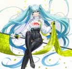  1girl :o absurdly_long_hair aqua_eyes aqua_hair bangs black_bodysuit black_gloves bodysuit confetti covered_navel cropped_jacket crossed_legs flag flagpole flame_print gloves goodsmile_racing hair_between_eyes hair_ornament hatsune_miku highres holding holding_flag invisible_chair jacket long_hair looking_at_viewer parted_lips qing_wu race_queen racing_miku racing_miku_(2022) single_thighhigh sitting smile solo thighhighs twintails very_long_hair vocaloid white_jacket 