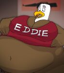  4_fingers accipitrid accipitriform anthro avian bald_eagle beak belly big_belly bird brown_body cleverfoxman clothing eagle eddie_eagle fingers hi_res hyper hyper_belly inflation inside looking_down_at_self male navel open_beak open_mouth pink_tongue red_clothing red_shirt red_topwear sea_eagle shirt solo text text_on_clothing text_on_shirt text_on_topwear tongue topwear white_head wide_eyed yellow_beak 
