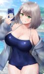  1girl bangs blue_one-piece_swimsuit blue_sky blush braid breasts cellphone cleavage cloud covered_navel cowboy_shot day green_eyes grey_hair grey_jacket grin hand_up highres holding holding_phone hololive jacket large_breasts long_sleeves looking_at_viewer noixen off_shoulder one-piece_swimsuit open_clothes open_jacket outdoors phone shirogane_noel short_hair sky smartphone smile solo standing swimsuit virtual_youtuber wet 