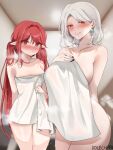  2girls after_bathing animal_ears bare_shoulders black_nails blush breasts collarbone dolechan dungeon_and_fighter female_mage_(dungeon_and_fighter) grey_hair large_breasts long_hair looking_at_viewer medium_breasts multiple_girls naked_towel parted_lips pointy_ears red_eyes red_hair seria_kirmin smile steam sweat thigh_gap thighs towel twintails very_long_hair wet 