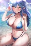  1girl :o ahoge bangs beret bikini blue_hair blush breasts cleavage elf flower hair_between_eyes hair_ornament hat highres hololive huge_breasts jewelry large_breasts long_hair looking_at_viewer mochitsuki_karen multicolored_hair necklace pointy_ears sitting solo streaked_hair swimsuit thick_thighs thighs virtual_youtuber wet yellow_eyes yukihana_lamy 