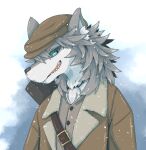  anthro belt bust_portrait canid canine canis clothed clothing doneru fangs fate_(series) fur grey_body grey_fur grey_hair hair hat headgear headwear jacket looking_at_viewer male mammal patxi portrait shirt simple_background smile snow snowing solo topwear wolf 