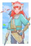  1girl absurdres ahoge apex_legends bat_(animal) blue_eyes blue_jacket blue_pants brown_eyes brown_gloves cosplay echo_(apex_legends) fingerless_gloves gloves gun hand_on_hip headband highres holding holding_gun holding_weapon jacket miguchi_(mitsukuchi_) nijisanji ocean one_eye_closed p2020_(pistol) palm_tree pants ratna_petit red_hair red_panda_ears red_panda_girl smile solo storm_point_(apex_legends) tree vantage_(apex_legends) vantage_(apex_legends)_(cosplay) virtual_youtuber weapon white_headband 