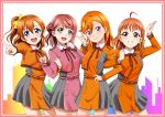  4girls chinese_commentary cowboy_shot framed_image gx9900wing kousaka_honoka locked_arms looking_at_viewer love_live! love_live!_nijigasaki_high_school_idol_club love_live!_school_idol_project love_live!_sunshine!! love_live!_superstar!! lycoris_recoil lycoris_uniform mixed-language_commentary multiple_girls shibuya_kanon skirt takami_chika trait_connection uehara_ayumu v 