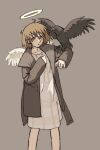  1girl angel angel_wings animal animal_on_shoulder bare_legs bird bird_on_shoulder black_feathers black_wings brown_coat brown_hair brown_theme coat crow dress feathered_wings feathers grey_wings haibane_renmei halo highres jacket light_brown_background long_coat long_sleeves looking_at_viewer messy_hair open_clothes open_coat orange_eyes overcoat pantsu-ripper rakka_(haibane) short_hair solo static_cling wings 