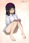  1girl absurdres bangs barefoot black_hair blunt_bangs blush bottomless brown_eyes cellphone closed_mouth collared_shirt convenient_leg dress_shirt feet fujimiya_sumika_(isekai_ojisan) full_body glasses gradient gradient_background highres holding holding_phone isekai_ojisan long_sleeves looking_at_viewer megami_magazine official_art phone scan semi-rimless_eyewear shirt simple_background sitting smartphone smile solo thighs toes under-rim_eyewear 