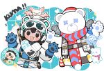  1boy 1girl :3 a-13_sentry animal_costume animal_ears animal_hands animification apex_legends bear_costume bear_ears black_eyes blush brudda_bear_gibraltar echo_(apex_legends) fake_animal_ears fang gibraltar_(apex_legends) gloves goggles goggles_on_headwear headphones helmet highres ice_cold_vantage jacket leaning_to_the_side looking_at_viewer official_alternate_costume open_hands open_mouth paw_gloves scarf smile stamp_mark upper_body vantage_(apex_legends) white_jacket white_scarf yuuu_(maruunaka) 