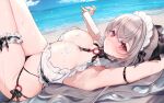  1girl bangs beach bikini breasts cleavage dripping food garter_straps grey_hair highres large_breasts looking_at_viewer lying maid maid_bikini maid_headdress melting navel on_back original outdoors ponytail popsicle red_eyes swimsuit thick_thighs thigh_strap thighs wet yuge_(mkmk) 