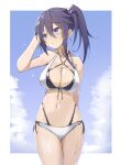  1girl bikini black_hair blue_eyes blue_sky breasts cleavage cloud commentary_request cowboy_shot imura_(shiro_maru) large_breasts layered_bikini long_hair looking_to_the_side multi-strapped_bikini original shiro_maru side-tie_bikini_bottom side_ponytail sky solo standing swimsuit white_bikini 
