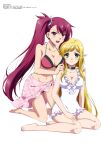  2girls :d absurdres bangs bikini blonde_hair breasts character_request choker cleavage closed_mouth collarbone floral_print green_eyes highres kneeling kuro_no_shoukanshi large_breasts long_hair looking_at_viewer megami_magazine multiple_girls navel official_art one-piece_swimsuit ooshima_miwa open_mouth pointy_ears ponytail print_sarong red_bikini red_eyes red_hair sarong scan sera_(kuro_no_shoukanshi) sidelocks sitting smile stomach swimsuit very_long_hair white_one-piece_swimsuit 