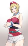  1girl arm_wrap blonde_hair breasts hairband irida_(pokemon) jewelry medium_breasts neck_ring pokemon pokemon_(game) pokemon_legends:_arceus red_hairband red_shirt shirt short_hair shorts solo strapless strapless_shirt ushineko_(onekosama1234) waist_cape white_shorts 