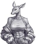  2022 abs absurd_res anthro athletic athletic_anthro athletic_female bare_shoulders bottomwear breasts cervid clothed clothing crop_top denim denim_clothing eyebrows eyelashes female fully_clothed fur fur_tuft glistening glistening_clothing glistening_topwear hands_on_hips head_tilt hi_res inner_ear_fluff jacket jeans looking_at_viewer mammal midriff monochrome pants shirt shoulder_tuft side_boob signature solo standing topwear tuft turtleneck virgoart 