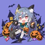  1girl :d animal_ears animal_hands bangs black_hair bow bowtie candy cat_ears chibi denim denim_shorts fake_animal_ears food fu_hua fu_hua_(herrscher_of_sentience) full_body gloves green_bow green_bowtie hair_ornament halloween halloween_bucket halloween_costume highres honkai_(series) honkai_impact_3rd jie_mo_jiang long_hair looking_at_viewer midriff navel paw_gloves pumpkin purple_background red_eyes shorts smile solo 