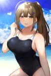  1girl absurdres ahoge antenna_hair beach black_one-piece_swimsuit blue_sky breasts brown_eyes brown_hair cloud competition_school_swimsuit cowboy_shot day hair_between_eyes hair_ornament hairclip highres idolmaster idolmaster_shiny_colors indoors kuwayama_chiyuki looking_at_viewer medium_breasts ocean open_mouth outdoors palm_tree ponytail sand school_swimsuit sitting sky smile solo swimsuit takani0721 tree water 