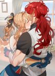  1boy 1girl asterrales bangs black_shirt blonde_hair blue_gloves bow closed_mouth curtains desk detached_sleeves diluc_(genshin_impact) genshin_impact gloves hair_bow hetero jean_(genshin_impact) kiss kissing_neck long_hair low-tied_long_hair red_hair shirt short_sleeves sidelocks vest white_vest window 