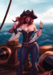  1girl bare_shoulders black_footwear blue_eyes blue_pants blurry blurry_background blurry_foreground boots bracer breasts brown_hair cleavage contrapposto corset depth_of_field fold-over_boots hair_over_one_eye hands_up hat highres large_breasts league_of_legends lipstick long_hair long_sleeves makeup miss_fortune_(league_of_legends) ocean off-shoulder_shirt off_shoulder one_eye_covered outdoors pants parted_lips personal_ami pirate_hat red_lips ship shirt signature solo watercraft wide_sleeves wristband 