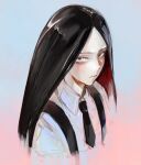  1other bags_under_eyes black_hair bort collared_shirt colored_inner_hair colored_skin dress_shirt expressionless fuzihara180 gem_uniform_(houseki_no_kuni) highres houseki_no_kuni long_hair looking_at_viewer multicolored_hair necktie other_focus serious shirt solo suspenders white_shirt white_skin 