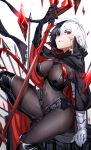  1girl absurdres arm_support arm_up armored_gloves azarashi_(azrsot) azur_lane bangs black_cape black_capelet black_footwear black_hair bodystocking boots breasts bruenhilde_(azur_lane) cape capelet commentary covered_navel cross hair_between_eyes highres holding holding_polearm holding_weapon iron_cross knee_up large_breasts looking_at_viewer multicolored_hair parted_lips polearm red_eyes rock short_hair simple_background sitting solo split-color_hair thigh_boots two-tone_hair waist_cape weapon white_background white_hair 