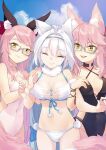  3girls animal_ear_fluff animal_ears bangs bare_shoulders bikini black_one-piece_swimsuit blue_bow blue_eyes blue_sky blush bow breasts cat_ears cat_girl cat_tail cleavage closed_eyes coffeekite collarbone covered_navel dobrynya_nikitich_(fate) dobrynya_nikitich_(twin_tail)_(fate) fate/grand_order fate_(series) fox_ears fox_girl fox_tail fur_collar glasses hair_between_eyes hair_bow hairband highleg highleg_swimsuit highres koyanskaya_(fate) koyanskaya_(twin_tail)_(fate) large_breasts long_hair looking_at_viewer low_ponytail multiple_girls navel one-piece_swimsuit pink_hair sidelocks sky smile swept_bangs swimsuit tail tamamo_(fate) thighs white_bikini white_hair white_one-piece_swimsuit yellow_eyes 