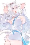  1girl amdamnet animal_ears armpits arms_up blue_eyes breasts cleavage cloak dobrynya_nikitich_(fate) fate/grand_order fate_(series) highres large_breasts looking_at_viewer open_mouth ribbon simple_background solo tail white_background white_hair 