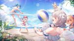  &gt;_&lt; 35p_(sakura_miko) 5girls absurdres ahoge animal_ears beach beach_volleyball bikini bird blonde_hair blue_eyes blue_hair bouncing_breasts braid breasts dark-skinned_female dark_skin elfriend_(shiranui_flare) fox_ears fox_tail green_eyes grey_hair hat highres hololive hoshimachi_suisei jumping large_breasts lens_flare multiple_girls navel ocean omaru_polka orange_eyes pink_hair purple_eyes sakura_miko shiranui_flare shiranui_kensetsu shirogane_noel side_ponytail straw_hat swimsuit tail tang-du twintails virtual_youtuber volleyball_net zain_(omaru_polka) 