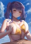  1boy 1girl ahoge areola_slip azur_lane bangs bare_arms bare_shoulders bikini blue_sky blush breast_squeeze breasts closed_mouth cloud collarbone day eyewear_on_head hetero highres huge_breasts long_hair male_pubic_hair micro_bikini motion_lines official_alternate_costume outdoors paizuri paizuri_over_clothes parasol penis pola_(azur_lane) pola_(seaside_coincidence)_(azur_lane) pubic_hair purple_hair red_eyes satou_aji sidelocks sky smile solo_focus sunglasses sweat swimsuit twintails umbrella yellow_bikini 