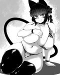  1girl animal_ears areola_slip arm_support bangs blunt_bangs braid breasts cat_ears cat_tail curvy fang greyscale haseru_(ginku_mh) heart highres huge_breasts kaenbyou_rin monochrome multiple_tails navel nekomata pointy_ears sitting skin_fang solo tail thighhighs thighs touhou two_tails wristband yokozuwari 