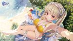  1girl absurdres arm_garter azur_lane bangs beach bikini blonde_hair breasts cleavage cocktail_glass collarbone commentary copyright_name cup day drinking_glass drinking_straw english_commentary flower formidable_(azur_lane) frilled_bikini frilled_hairband frills from_above hair_flower hair_ornament hairband highres holding holding_cup jewelry large_breasts long_hair looking_at_viewer looking_up navel necklace official_art outdoors outstretched_arm red_eyes rosuuri sand sandals sitting solo swimsuit thigh_strap twintails very_long_hair water white_flower white_footwear yellow_bikini 