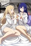  2girls absurdres bangs bed blonde_hair blue_eyes blue_hair blunt_bangs character_request food fruit_tart highres holding holding_food indoors legs_together long_hair megami_magazine multiple_girls nightgown official_art on_bed open_mouth pajamas palms pillow purple_eyes scan sidelocks sitting smile tart_(food) teeth thighs ukimura_haruna upper_teeth v-shaped_eyebrows warau_ars_notoria white_nightgown 