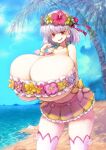  1girl 2b-ge breasts cleavage fate/grand_order fate_(series) gigantic_breasts highres kama_(fate) light_purple_hair red_eyes short_hair solo swimsuit 