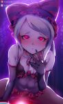  1girl artist_name bangs bare_shoulders black_gloves blush bow breasts closed_mouth collarbone covered_navel elbow_gloves gloves glowing grey_hair hair_bow hand_up highres housou-chan long_hair looking_at_viewer medium_breasts overlord_(maruyama) pov red_bow red_eyes shalltear_bloodfallen shiny shiny_hair spread_legs striped striped_bow vampire 