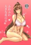  1girl blush bra breasts brown_eyes brown_hair cherry_blossoms content_rating cover cover_page doujin_cover flower hair_flower hair_intakes hair_ornament high_ponytail highres kantai_collection large_breasts long_hair mrdotd navel panties pink_bra ponytail sidelocks sitting solo underwear underwear_only very_long_hair wariza white_panties yamato_(kancolle) 