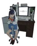  1girl black_hair black_shorts bow brown_footwear cardigan chair collared_shirt computer gridman_universe gridman_universe_(film) hair_behind_ear hand_on_own_cheek hand_on_own_face highres looking_at_viewer office_chair psylduck red_bow school_uniform scrunchie shirt shorts sitting solo ssss.gridman takarada_rikka white_cardigan white_shirt wrist_scrunchie 